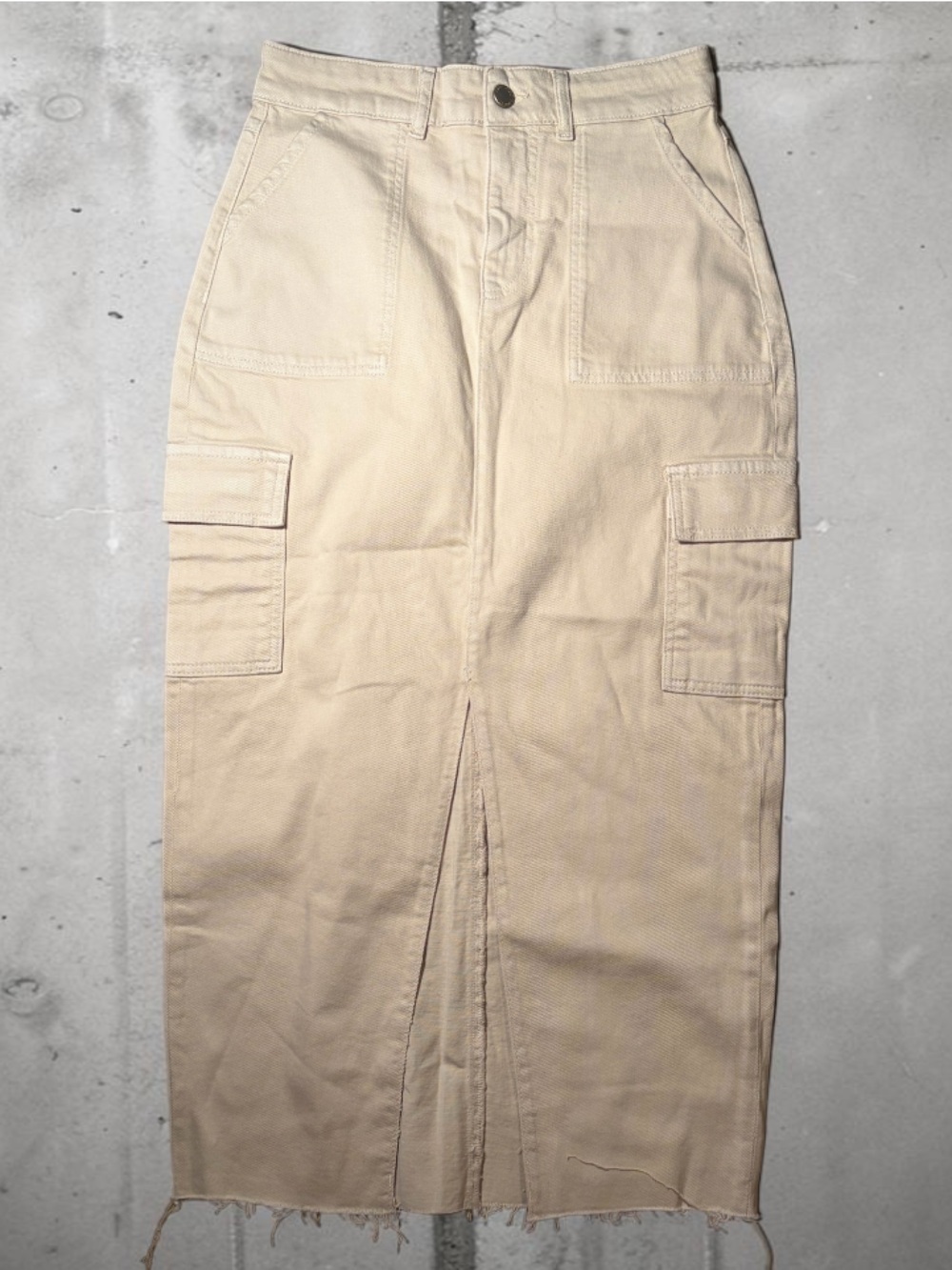 Revelation Denim Cream Cargo Midi Skirt Raw Hem Utility Skirt Neutral Y2K